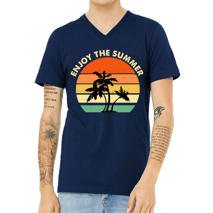 Enjoy The Summer Retro Sunset Palm Tree V-Neck T-Shirt