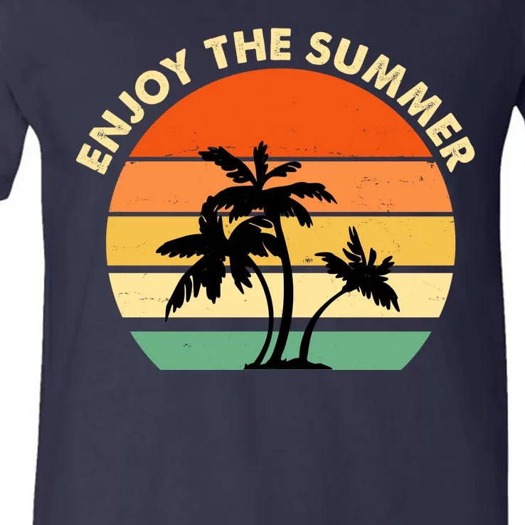 Enjoy The Summer Retro Sunset Palm Tree V-Neck T-Shirt