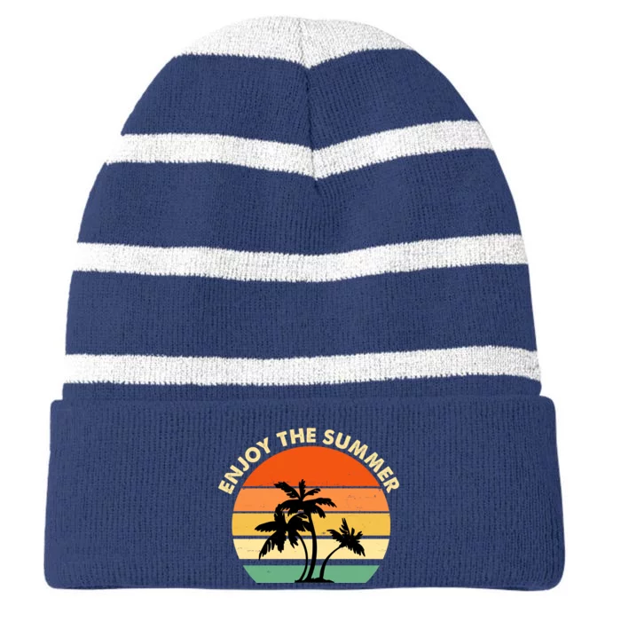 Enjoy The Summer Retro Sunset Palm Tree Striped Beanie with Solid Band