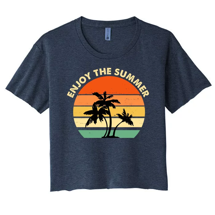 Enjoy The Summer Retro Sunset Palm Tree Women's Crop Top Tee