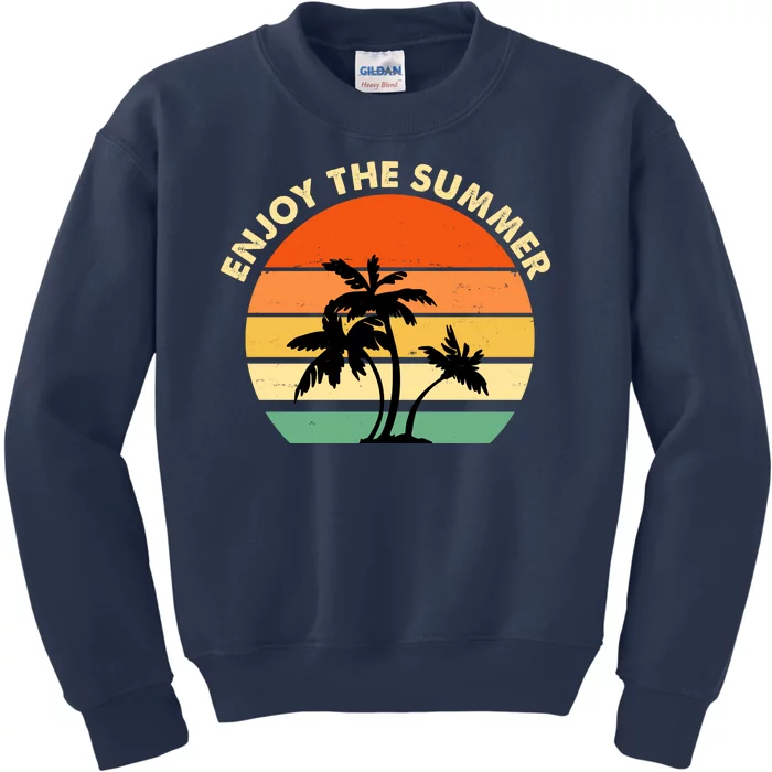 Enjoy The Summer Retro Sunset Palm Tree Kids Sweatshirt