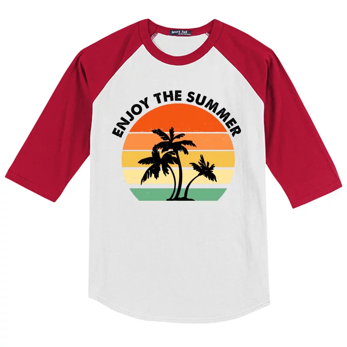 Enjoy The Summer Retro Sunset Palm Tree Kids Colorblock Raglan Jersey