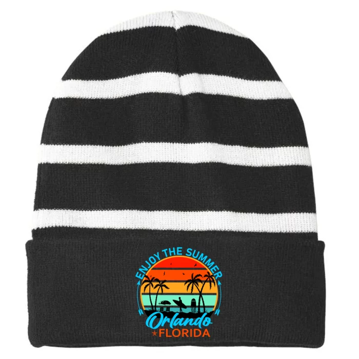 Enjoy The Summer Orlando Florida Striped Beanie with Solid Band