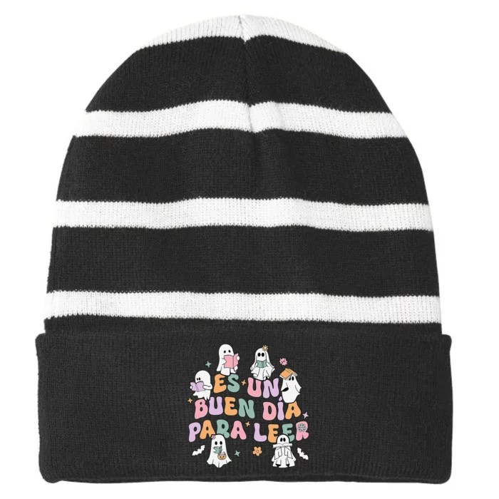 Es Un Buen DíA Para Leer Ghost Reading Halloween Teacher Striped Beanie with Solid Band