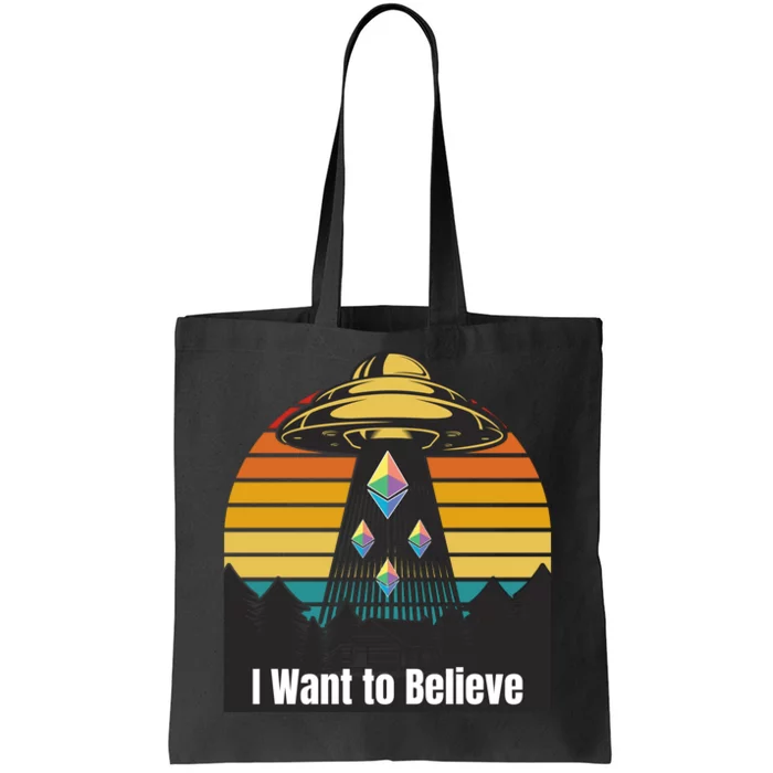 Ethereum UFO Encounter Retro Sunset, I Want To Believe Crypto Tote Bag