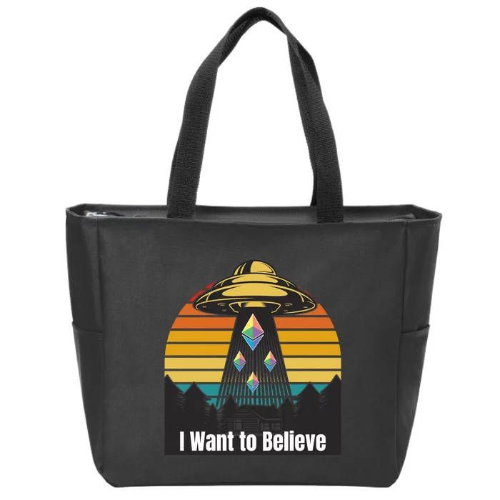 Ethereum UFO Encounter Retro Sunset, I Want To Believe Crypto Zip Tote Bag