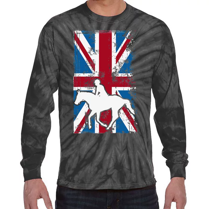 Equestrian Uk Flag United Kingdom Horse Silhouette Tie-Dye Long Sleeve Shirt