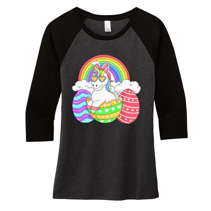 Easter Unicorn With Eggs Happy Easter Women's Tri-Blend 3/4-Sleeve Raglan Shirt