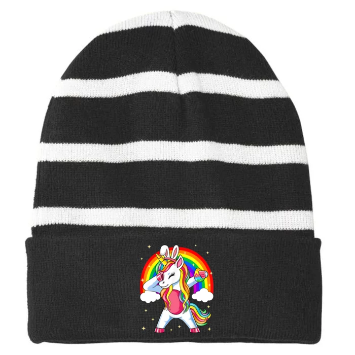 Easter Unicorn With Eggs Happy Easter Striped Beanie with Solid Band