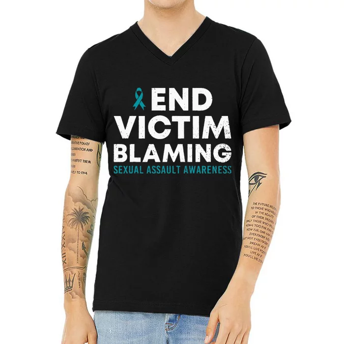 End Victim Blaming Sexual Assault Awareness Month Ribbon V-Neck T-Shirt