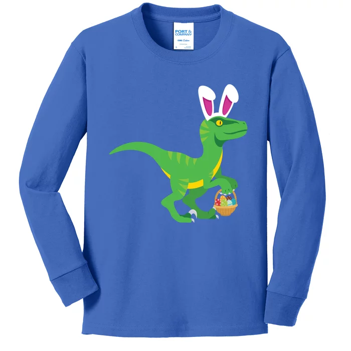 Easter Velicoraptor Dinosaur With Bunny Rabbit Ears Cool Gift Kids Long Sleeve Shirt