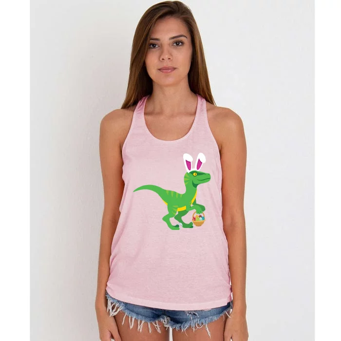 Easter Velicoraptor Dinosaur With Bunny Rabbit Ears Cool Gift Women's Knotted Racerback Tank