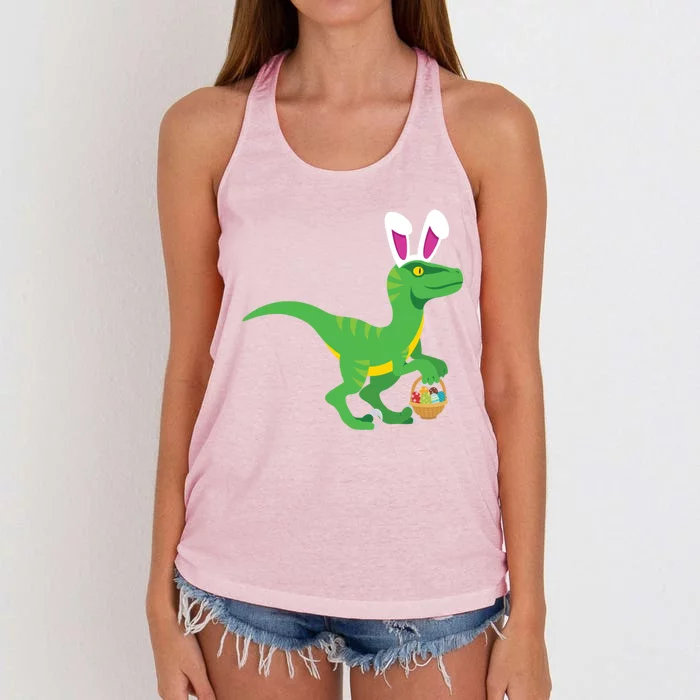 Easter Velicoraptor Dinosaur With Bunny Rabbit Ears Cool Gift Women's Knotted Racerback Tank