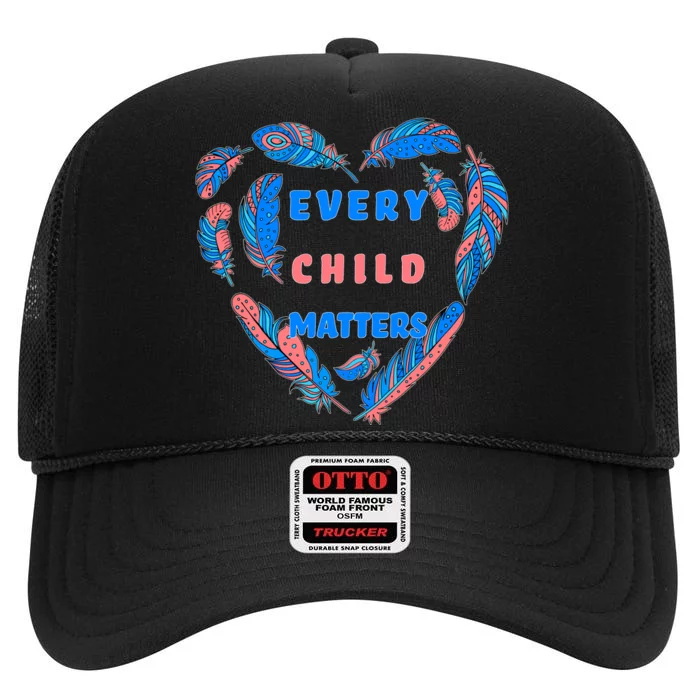 Every Child Matters Feather Heart Colorful High Crown Mesh Trucker Hat