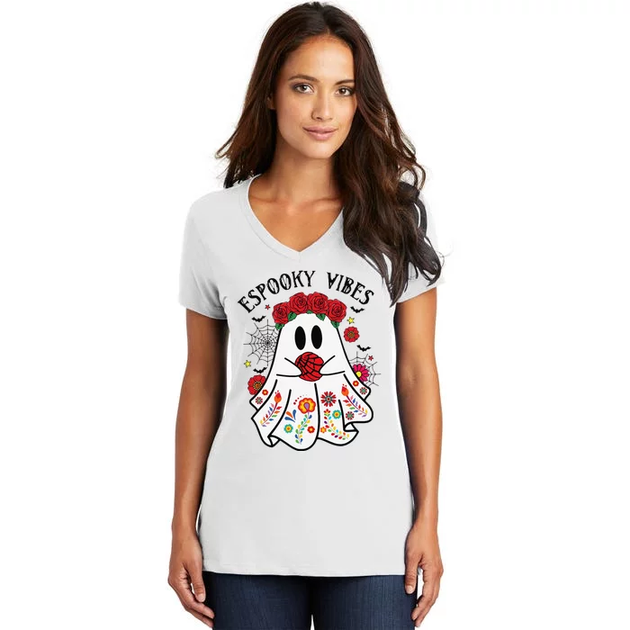 Espooky Vibes Halloween Ghost Mexican Concha Spooky Mama Gift Women's V-Neck T-Shirt