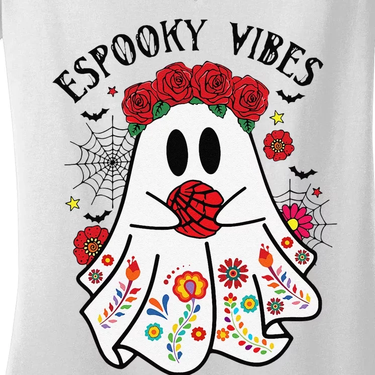 Espooky Vibes Halloween Ghost Mexican Concha Spooky Mama Gift Women's V-Neck T-Shirt