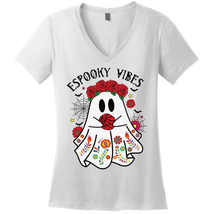 Espooky Vibes Halloween Ghost Mexican Concha Spooky Mama Gift Women's V-Neck T-Shirt