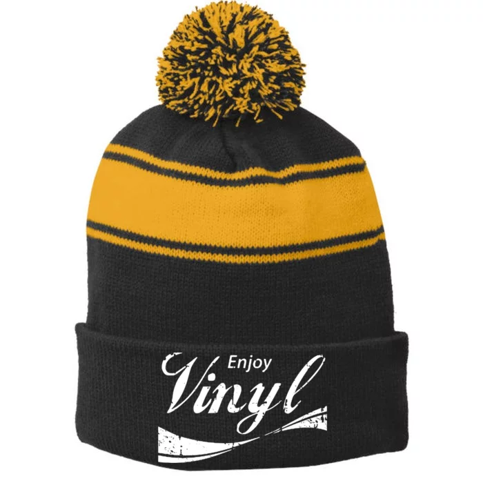 Enjoy Vinyl Record Retro Vintage Stripe Pom Pom Beanie