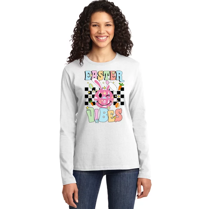 Easter Vibes Smiles Happy Face Bunny Ladies Long Sleeve Shirt