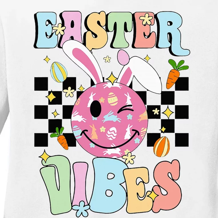 Easter Vibes Smiles Happy Face Bunny Ladies Long Sleeve Shirt