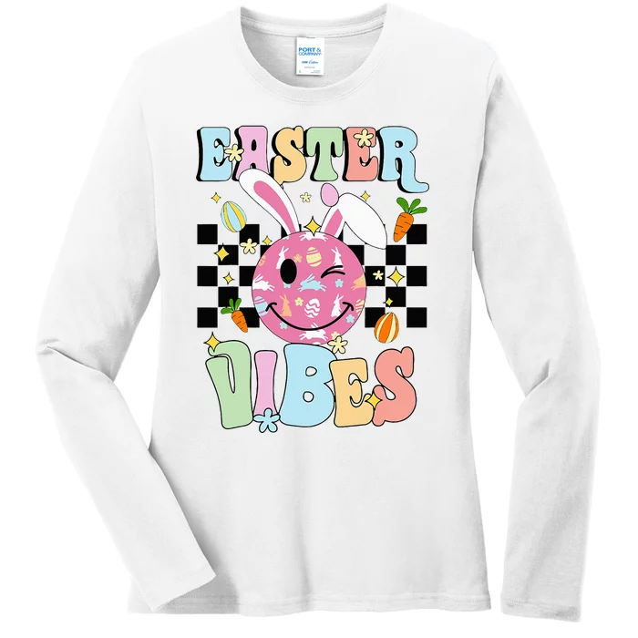 Easter Vibes Smiles Happy Face Bunny Ladies Long Sleeve Shirt