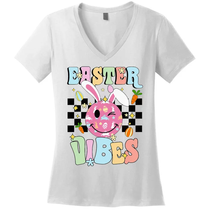 Easter Vibes Smiles Happy Face Bunny Women's V-Neck T-Shirt