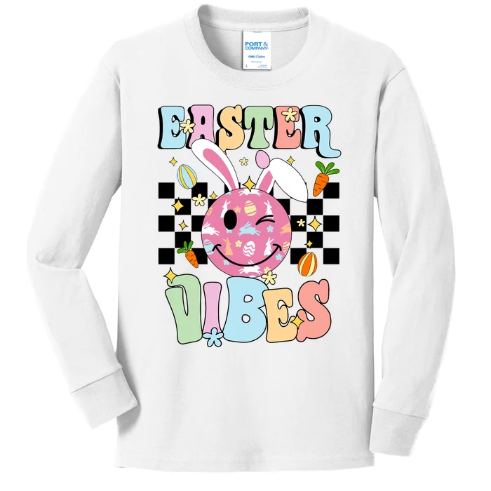 Easter Vibes Smiles Happy Face Bunny Happy Easter Kids Long Sleeve Shirt