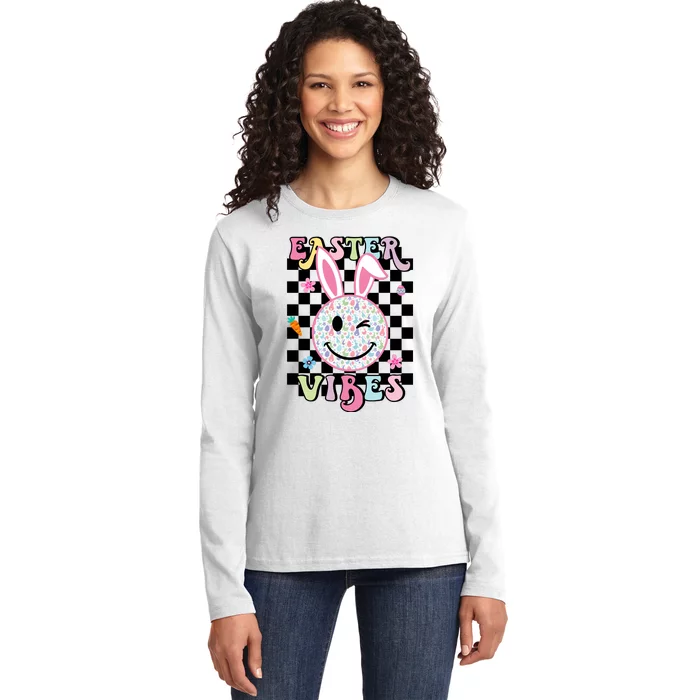 Easter Vibes Smiles Happy Face Bunny Happy Easter Ladies Long Sleeve Shirt