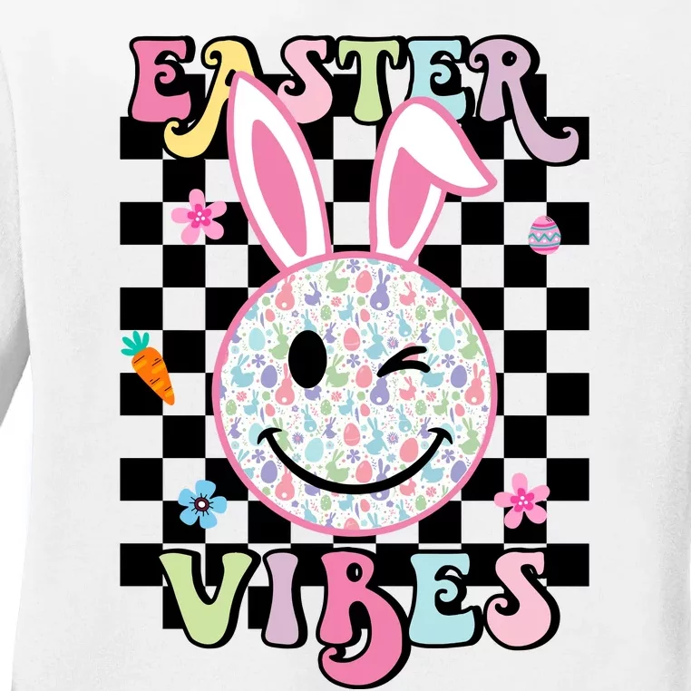 Easter Vibes Smiles Happy Face Bunny Happy Easter Ladies Long Sleeve Shirt