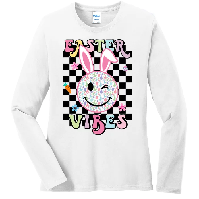 Easter Vibes Smiles Happy Face Bunny Happy Easter Ladies Long Sleeve Shirt