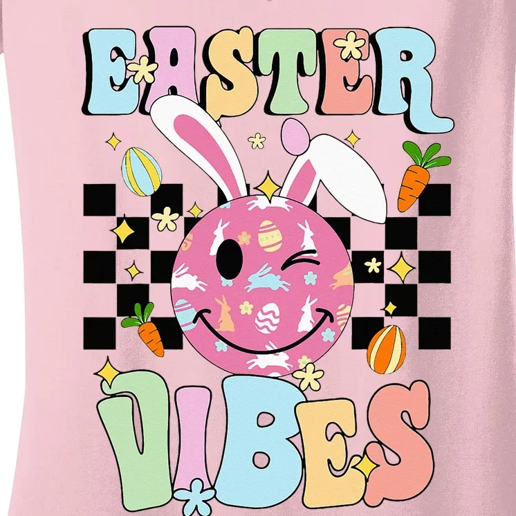 Easter Vibes Smiles Face Bunny Happy Easter Women's V-Neck T-Shirt