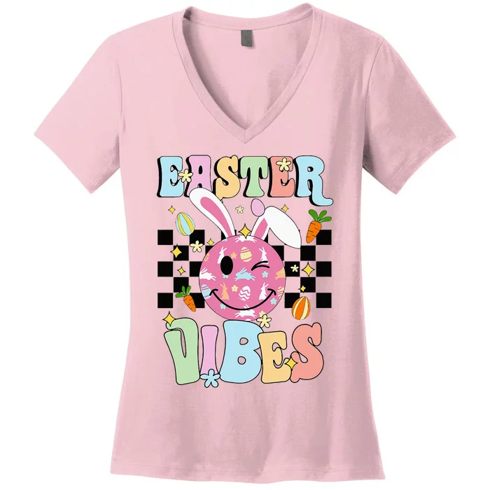 Easter Vibes Smiles Face Bunny Happy Easter Women's V-Neck T-Shirt