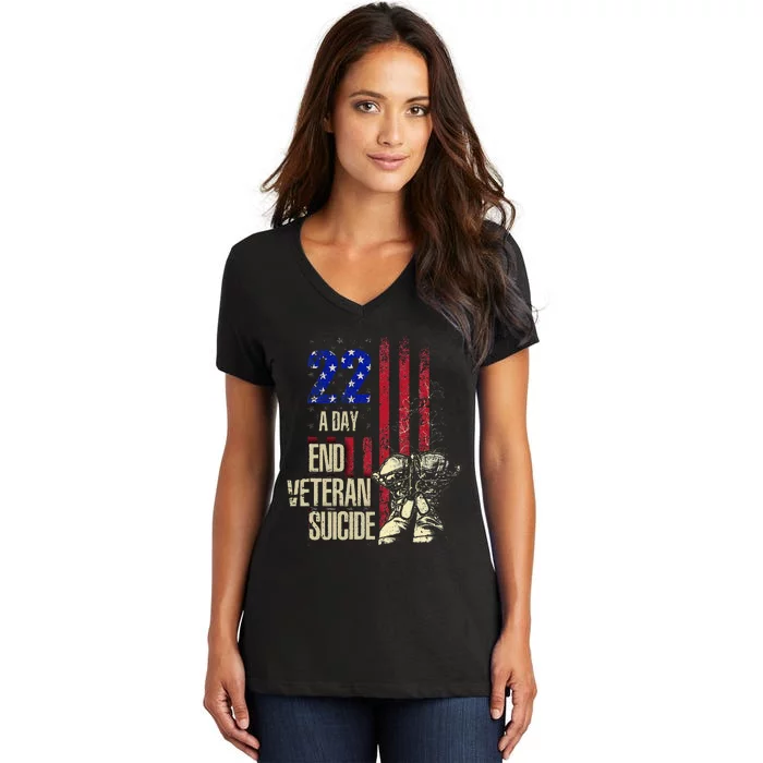 End Veteran Suicide Awareness 22 A Day Patriotic Us Flag Women's V-Neck T-Shirt