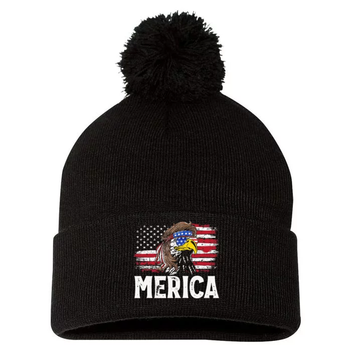 Eagle Vokuhila USA American Flag Fourth July Pom Pom 12in Knit Beanie