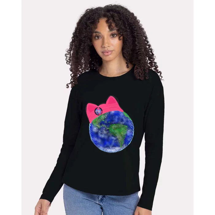 Earth Wearing A Pink Pussy Cat Hat Womens Cotton Relaxed Long Sleeve T-Shirt