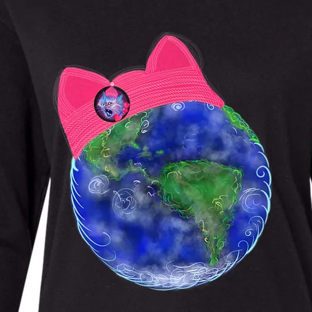 Earth Wearing A Pink Pussy Cat Hat Womens Cotton Relaxed Long Sleeve T-Shirt