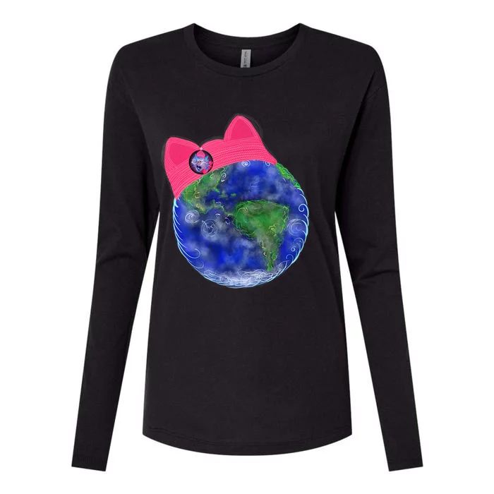 Earth Wearing A Pink Pussy Cat Hat Womens Cotton Relaxed Long Sleeve T-Shirt