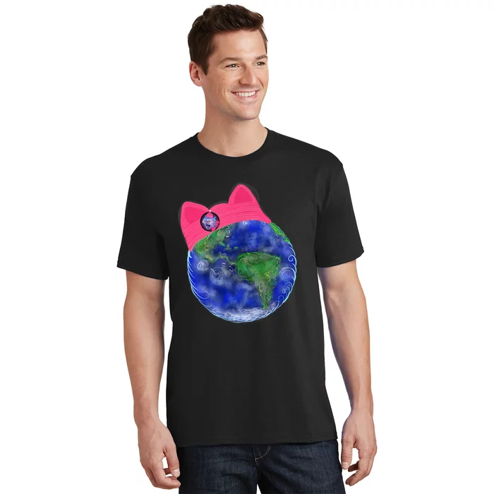 Earth Wearing A Pink Pussy Cat Hat T-Shirt