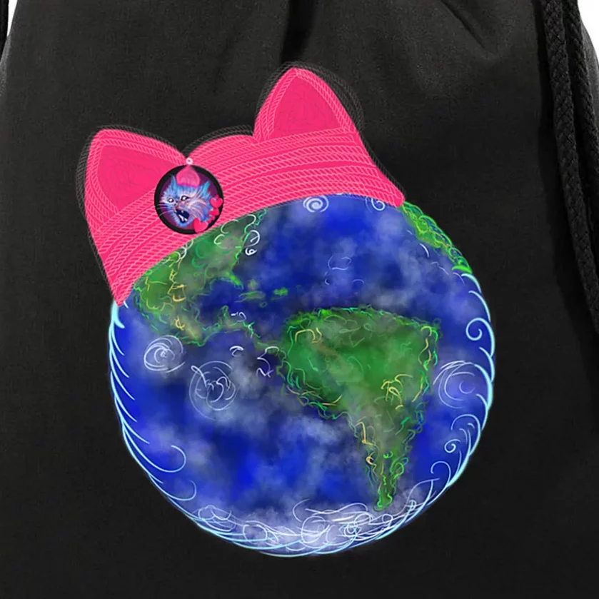 Earth Wearing A Pink Pussy Cat Hat Drawstring Bag