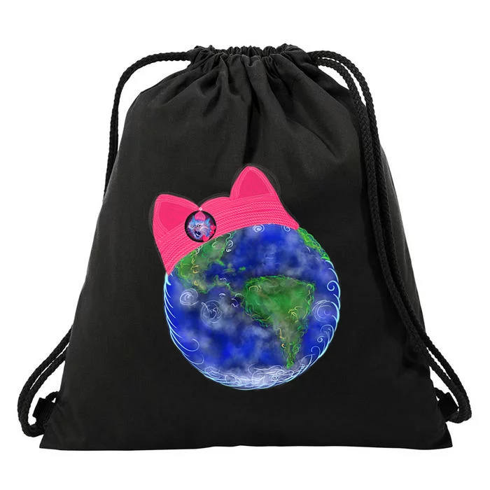 Earth Wearing A Pink Pussy Cat Hat Drawstring Bag