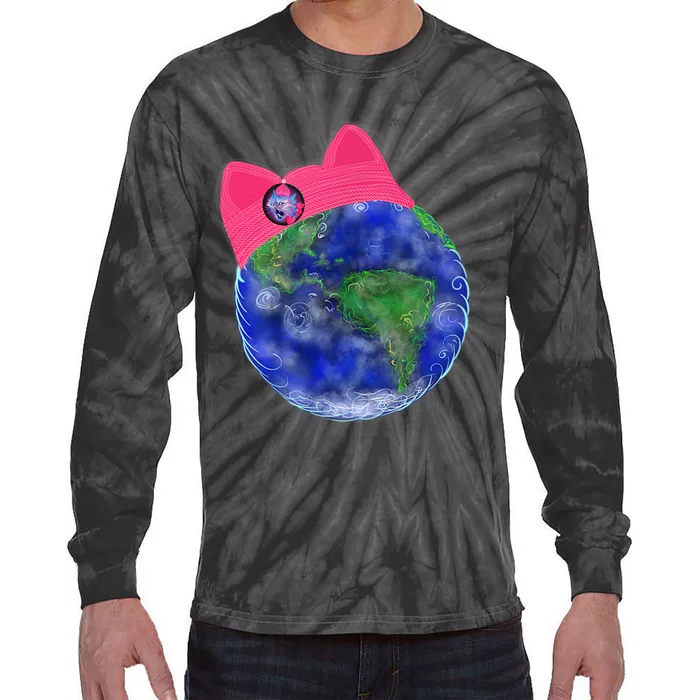 Earth Wearing A Pink Pussy Cat Hat Tie-Dye Long Sleeve Shirt