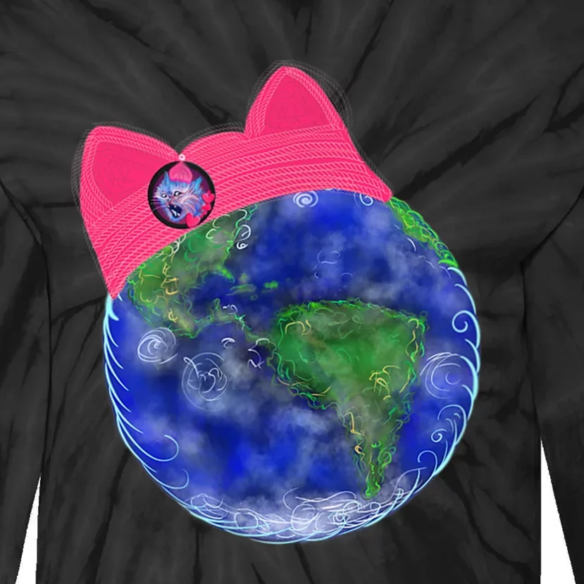 Earth Wearing A Pink Pussy Cat Hat Tie-Dye Long Sleeve Shirt