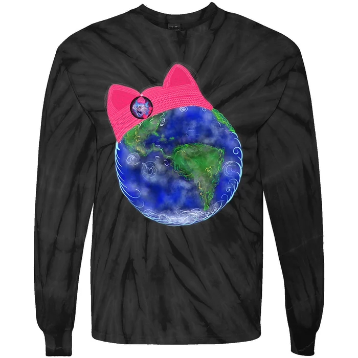 Earth Wearing A Pink Pussy Cat Hat Tie-Dye Long Sleeve Shirt