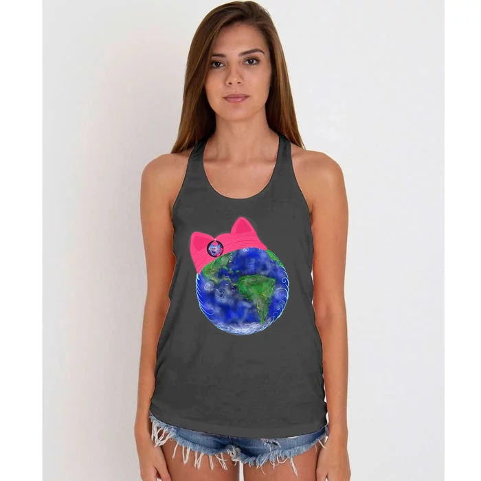 Earth Wearing A Pink Pussy Cat Hat Women's Knotted Racerback Tank