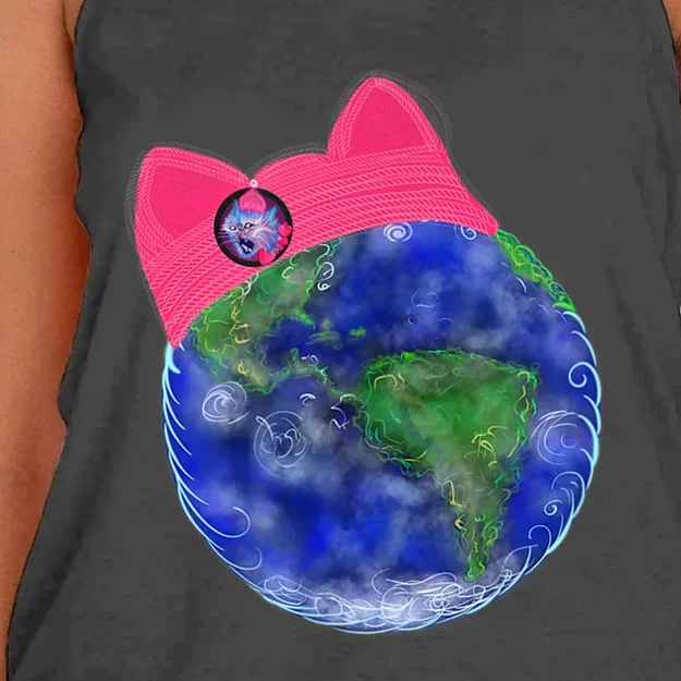 Earth Wearing A Pink Pussy Cat Hat Women's Knotted Racerback Tank