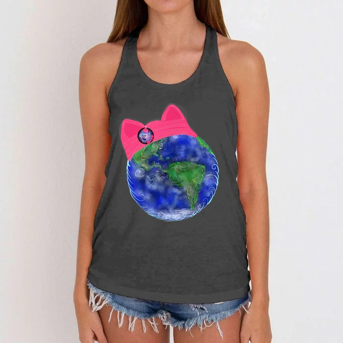 Earth Wearing A Pink Pussy Cat Hat Women's Knotted Racerback Tank