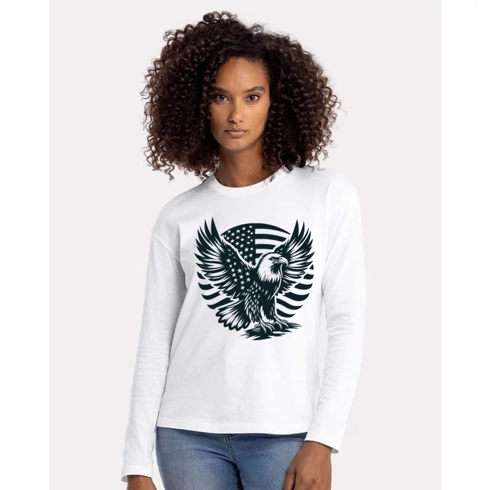 Eagle With American Flag Womens Cotton Relaxed Long Sleeve T-Shirt