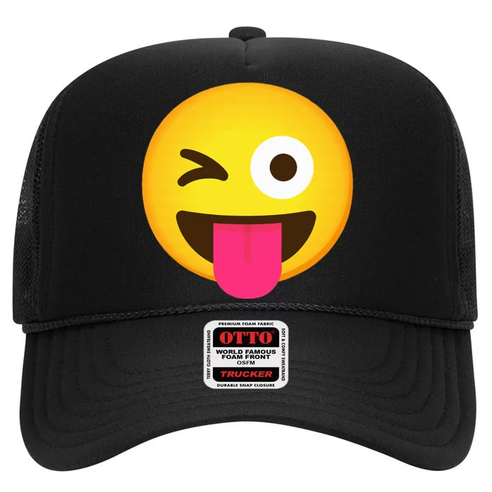 Emoticon Winking Face With Stuck Out Tongue And Winking Eye High Crown Mesh Trucker Hat