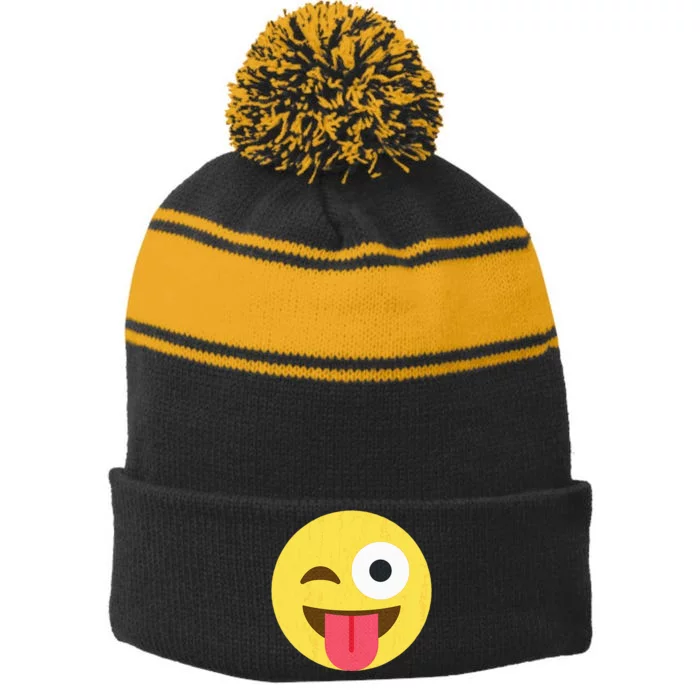 Emoticon Winking Face With Tongue Stripe Pom Pom Beanie