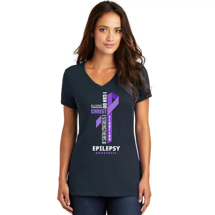 Epilepsy Warrior God Jesus Christ Epilepsy Awareness Women's V-Neck T-Shirt